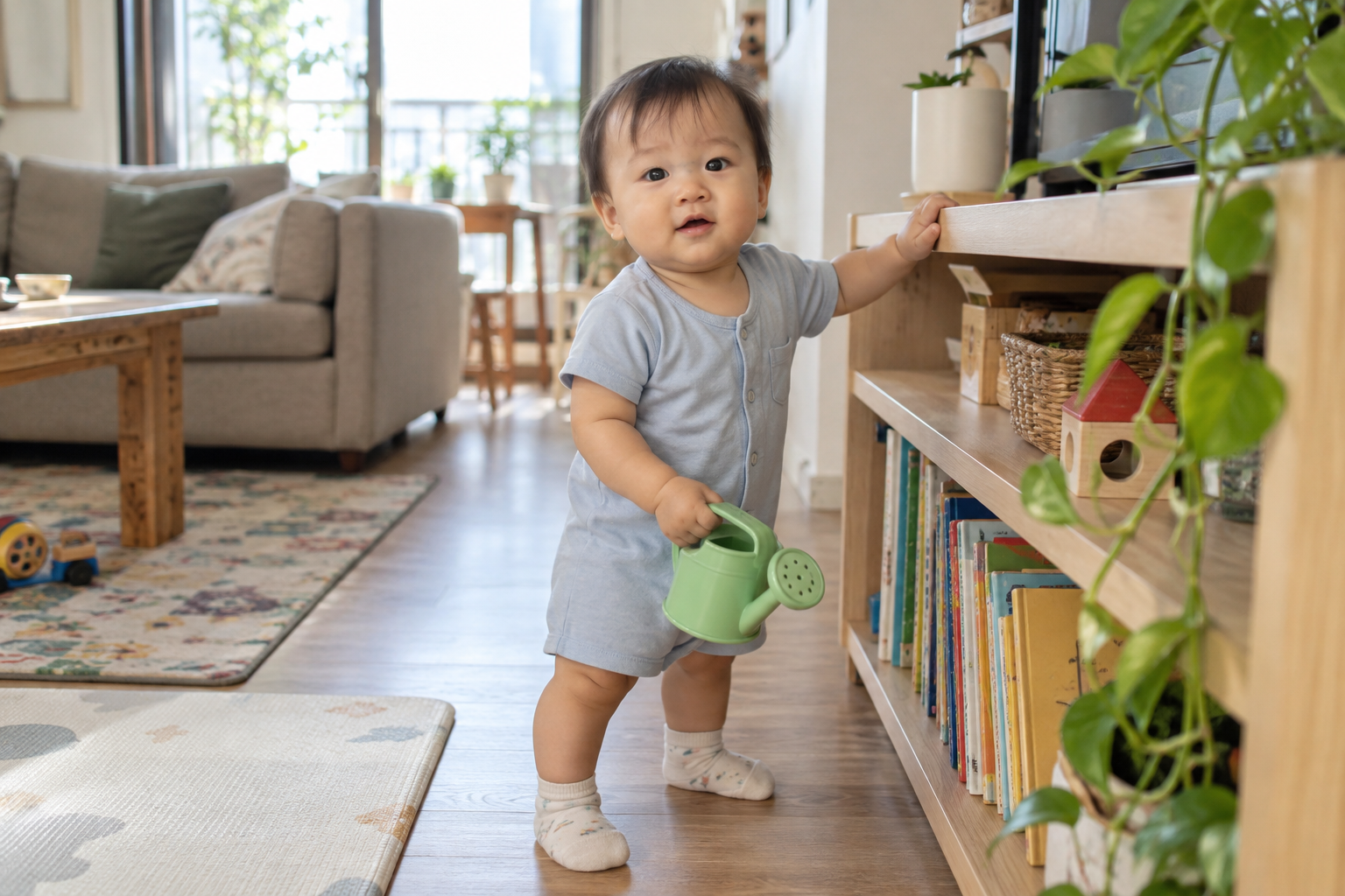 Ảnh gửi của bé cạnh kệ sách ở nhà