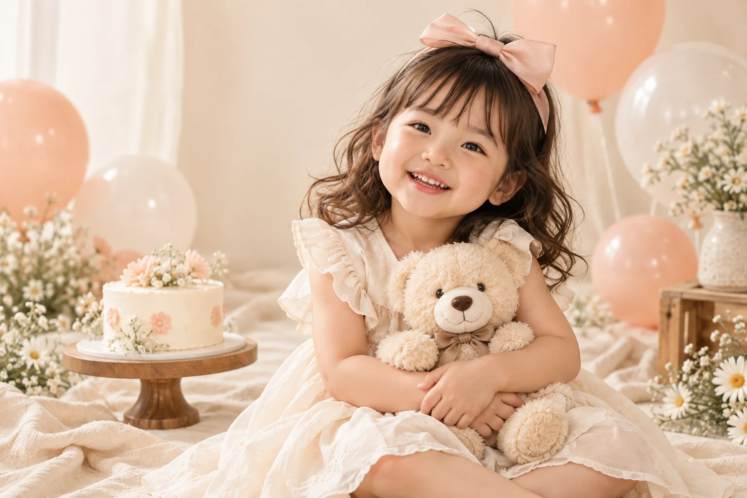 Ảnh minh hoạ bé trong set studio sinh nhật tông cream và peach